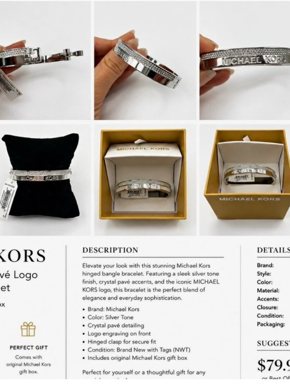 Michael Kors Silver Crystal Pavé Logo Hinged Bangle Bracelet